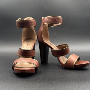 Worthington Brown Strappy Block Heel Sandals with Gold Trim